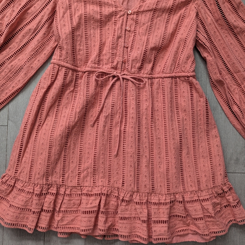 Forever That Girl Anthropologie mini dress Pink Coral Eyelet Long Sleeves Medium - Picture 4 of 11